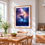Dolphin in starry sky cross stitch artwork displayed on wall as home decor