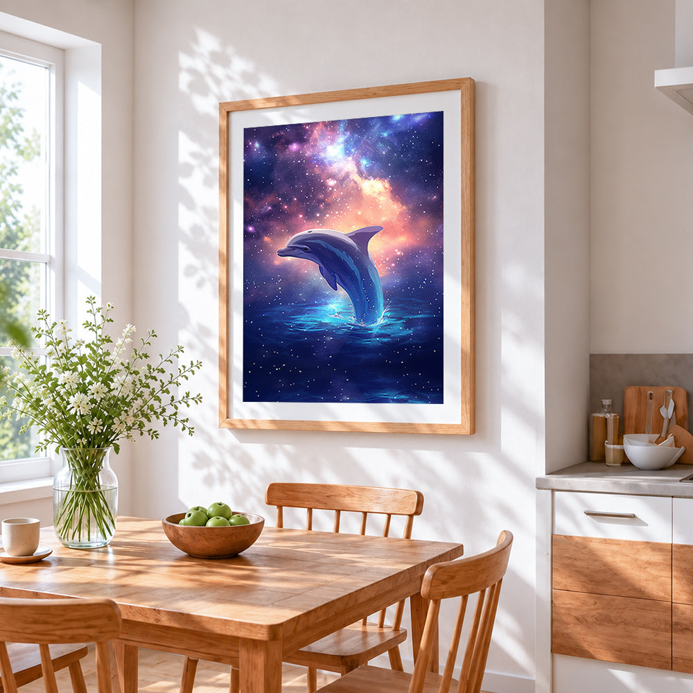 Dolphin in starry sky cross stitch artwork displayed on wall as home decor