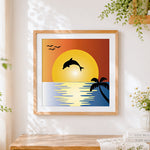 Finished dolphin silhouette at sunset cross stitch artwork displayed