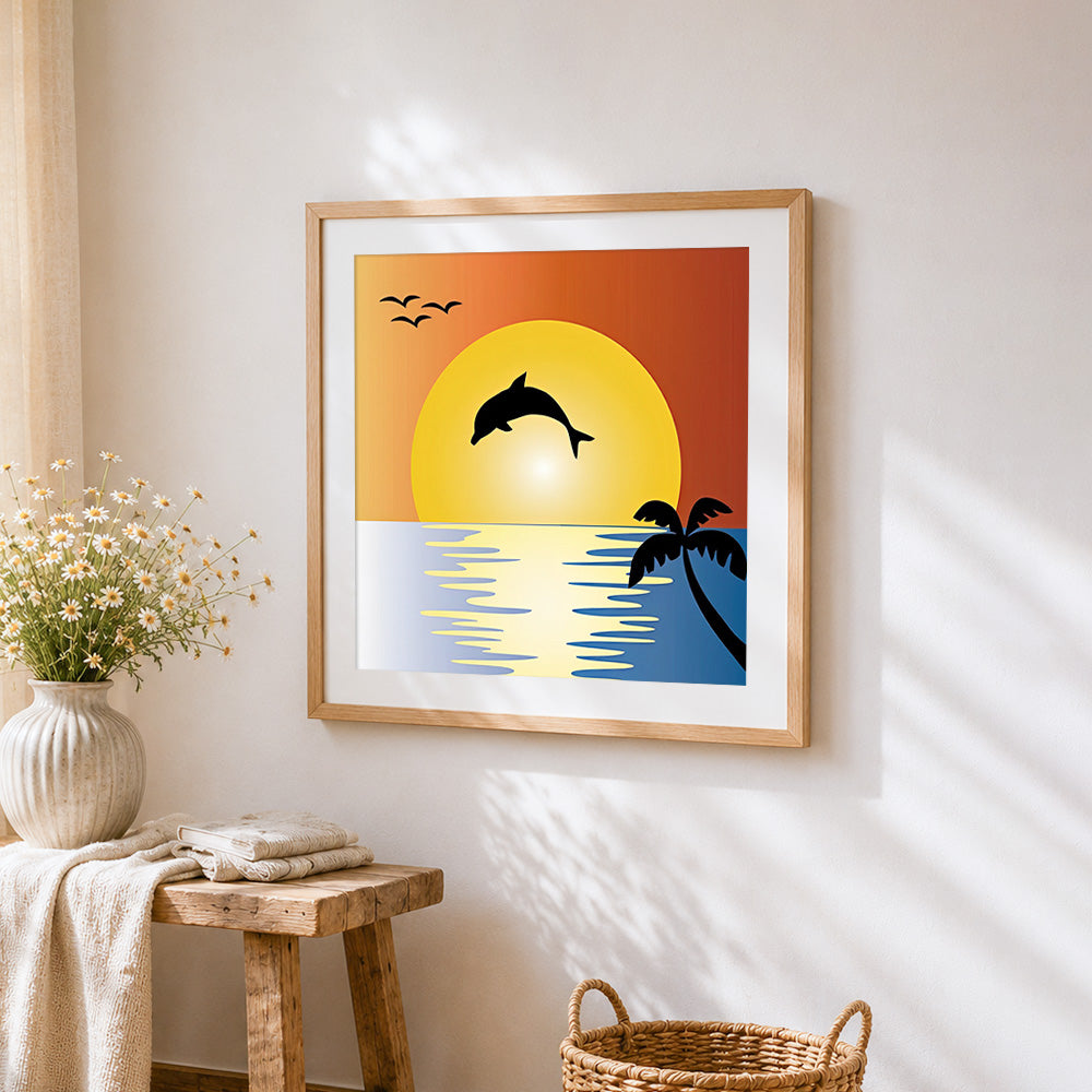 Dolphin silhouette at sunset cross stitch artwork displayed on wall as home decor