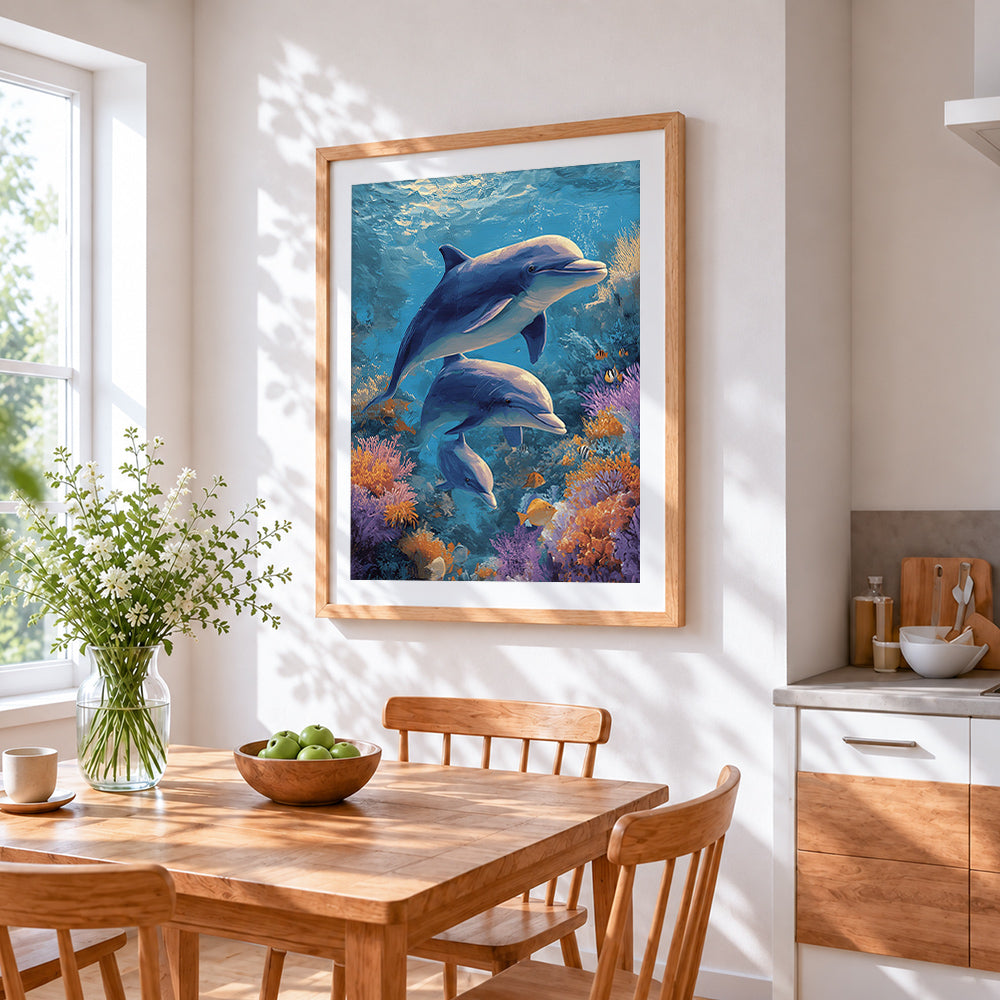 Dolphins and coral reef cross stitch artwork displayed on wall as home decor