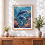 Finished dolphins and coral reef paint by numbers artwork displayed as home decor