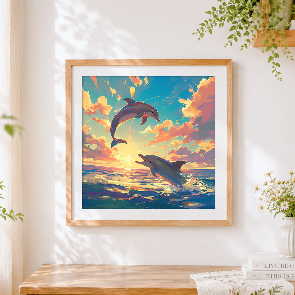 Finished dolphins jumping in the clouds cross stitch artwork displayed