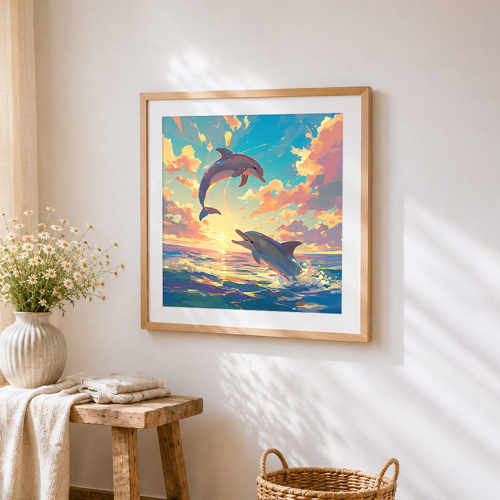 Dolphins jumping in the clouds cross stitch artwork displayed on wall as home decor