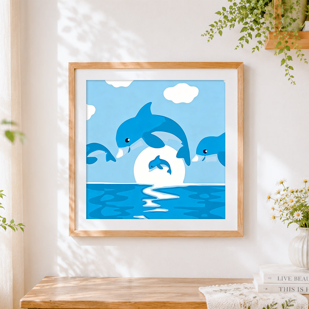 Finished dolphins jumping in the ocean cross stitch artwork displayed