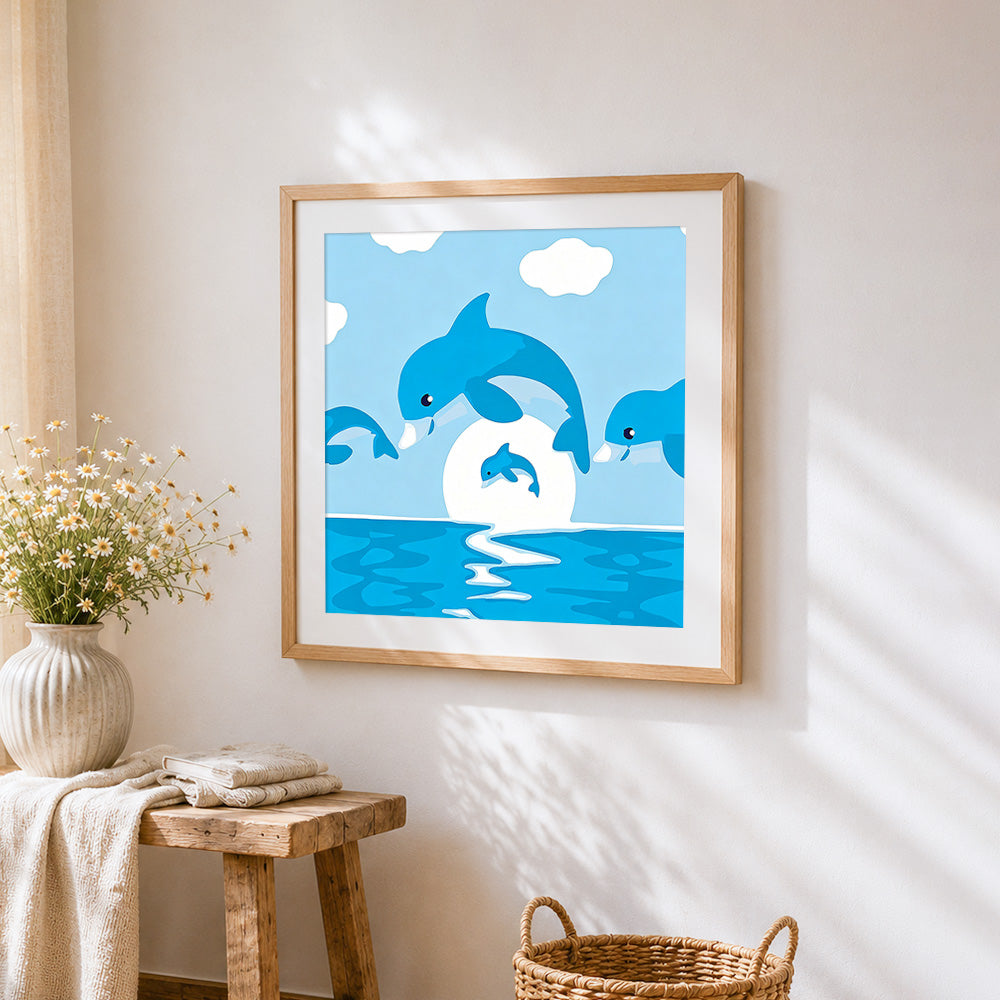 Dolphins jumping in the ocean cross stitch artwork displayed on wall as home decor