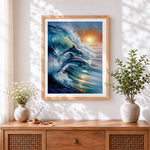 Finished dolphins jumping in waves at sunset cross stitch artwork displayed