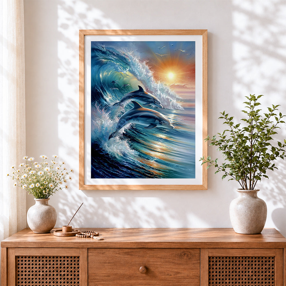Finished dolphins jumping in waves at sunset cross stitch artwork displayed