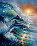 Dolphins jumping in waves at sunset cross stitch kit for beginners