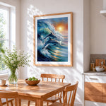 Dolphins jumping in waves at sunset cross stitch artwork displayed on wall as home decor