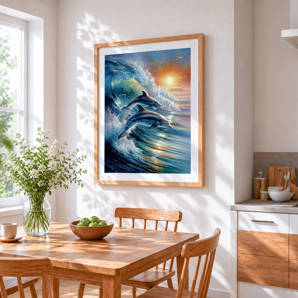 Dolphins jumping in waves at sunset cross stitch artwork displayed on wall as home decor