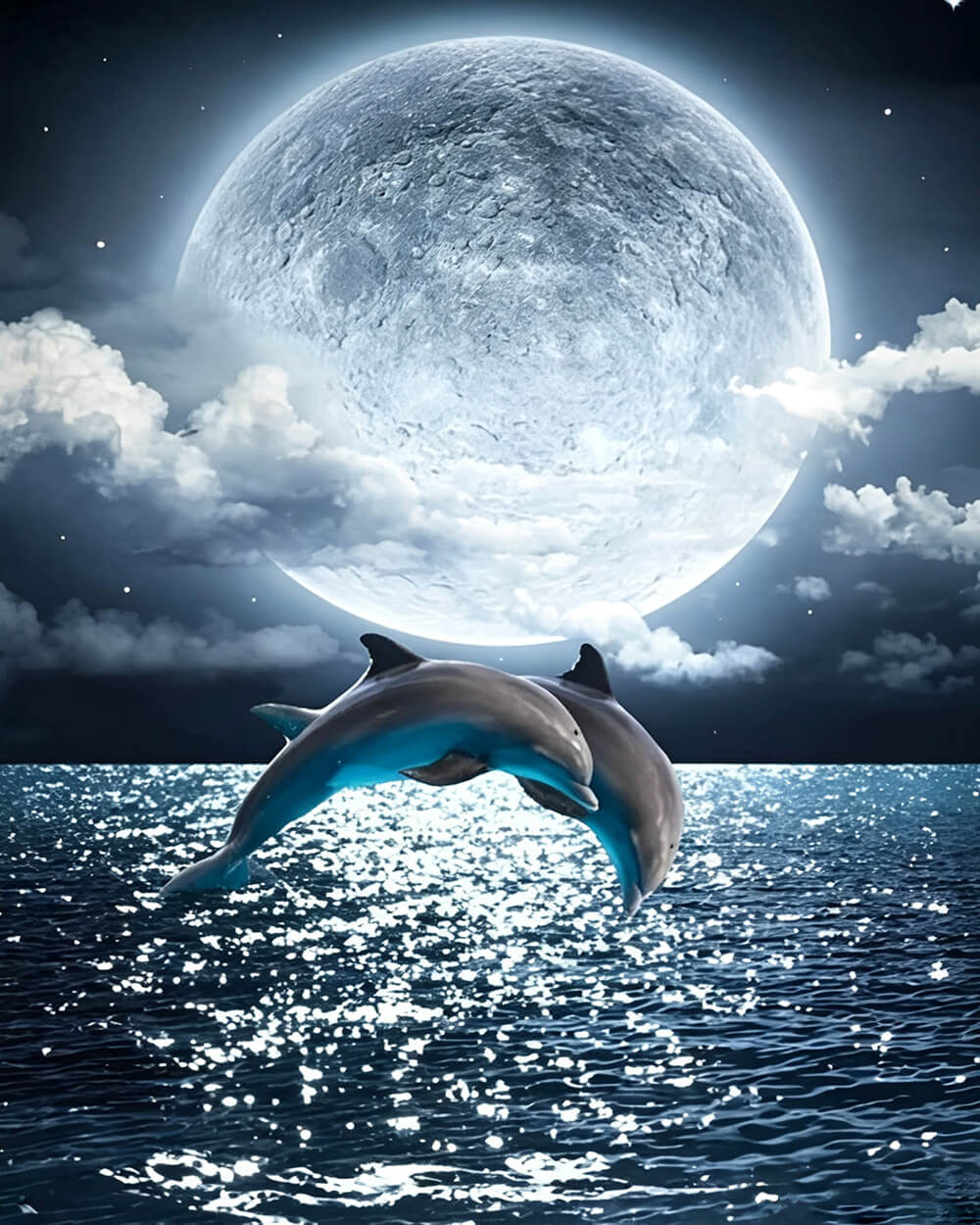 Dolphins jumping under a full moon cross stitch kit for beginners