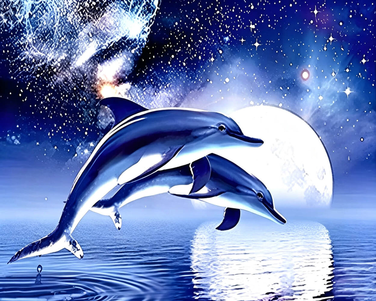 Dolphins jumping under full moon cross stitch kit for beginners