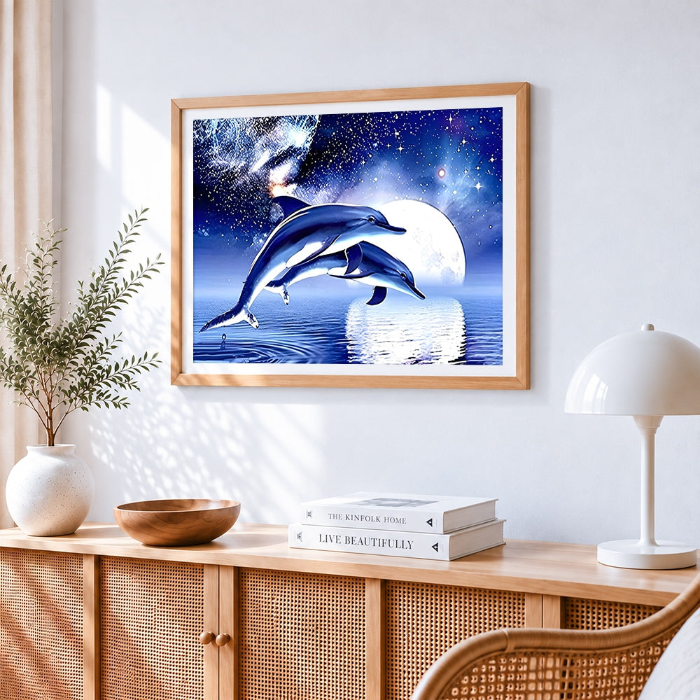 Dolphins jumping under full moon cross stitch artwork displayed on wall as home decor