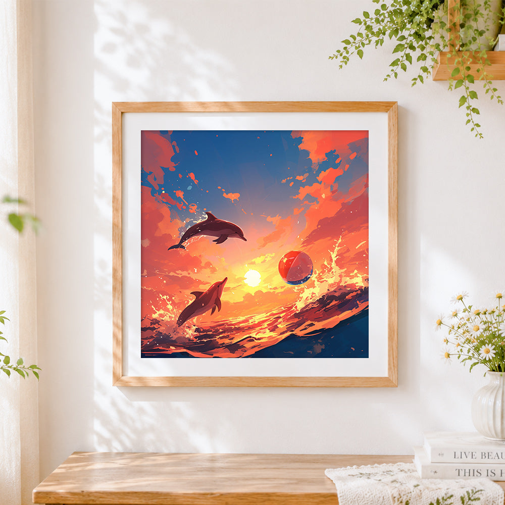 Finished dolphins leaping at sunset cross stitch artwork displayed