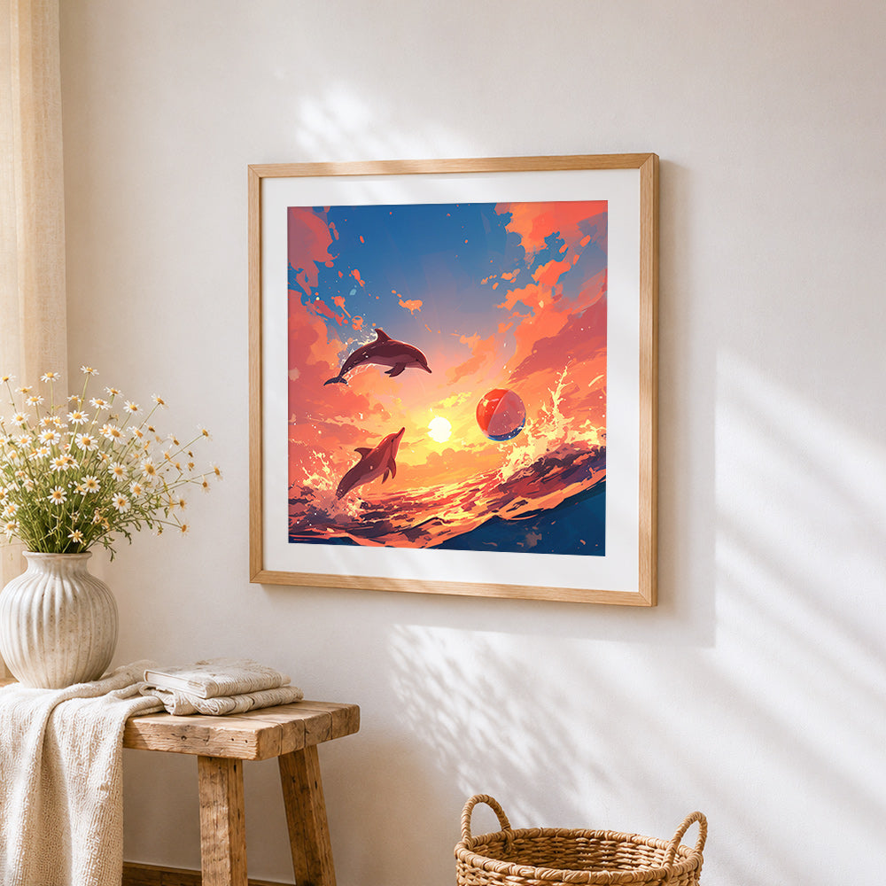 Dolphins leaping at sunset cross stitch artwork displayed on wall as home decor