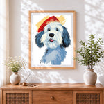 Finished doodle dog with beret cross stitch artwork displayed