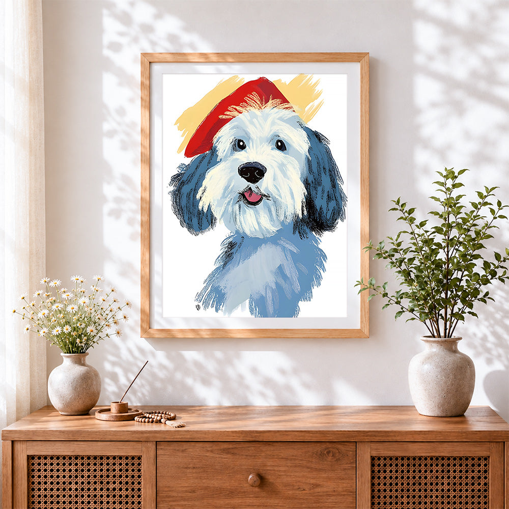 Finished doodle dog with beret cross stitch artwork displayed