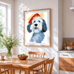 Doodle dog with beret cross stitch artwork displayed on wall as home decor