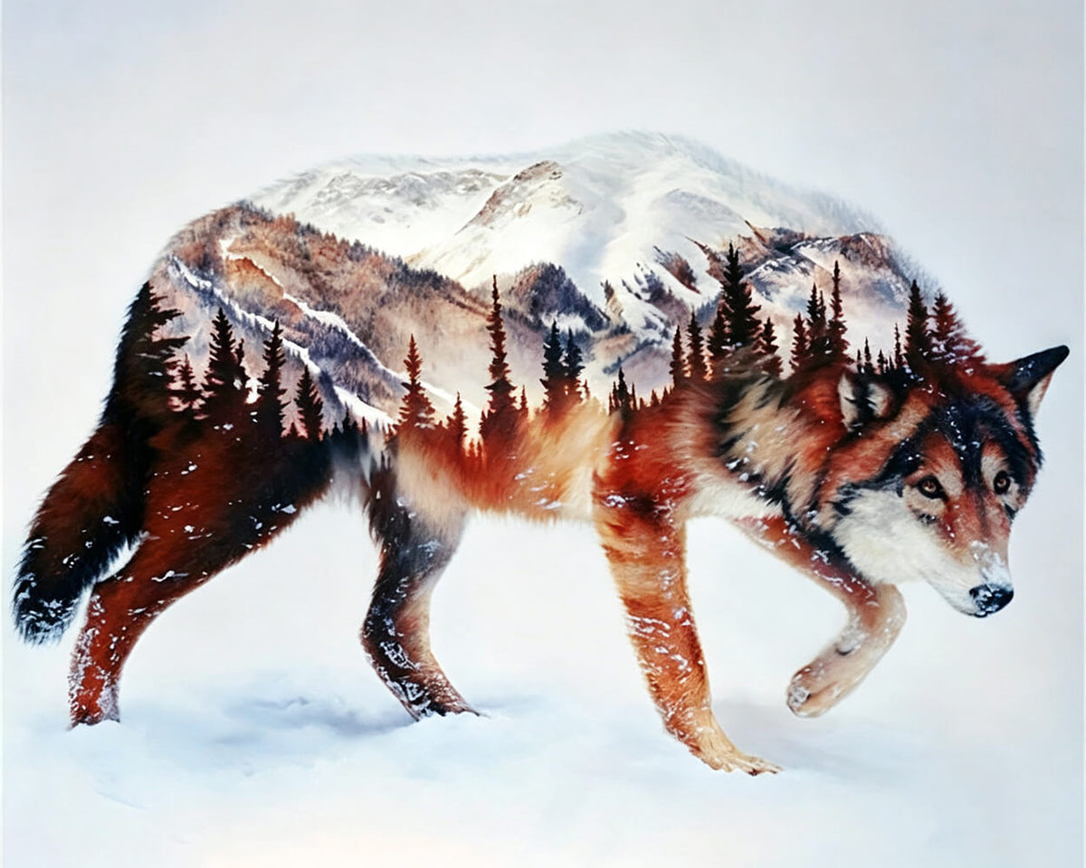 Double exposure wolf and mountain cross stitch kit for beginners