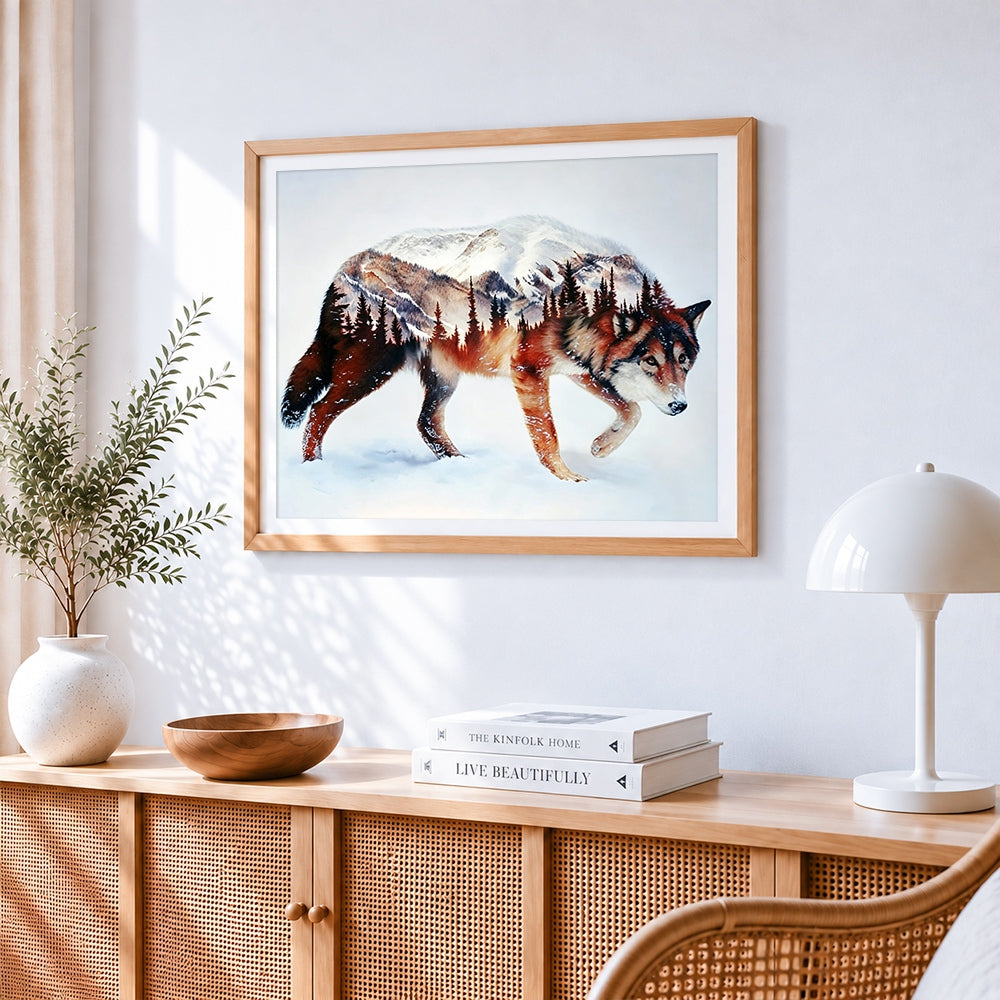 Double exposure wolf and mountain cross stitch artwork displayed on wall as home decor