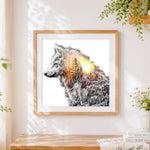 Finished double exposure wolf and sunset forest paint by numbers artwork displayed as home decor