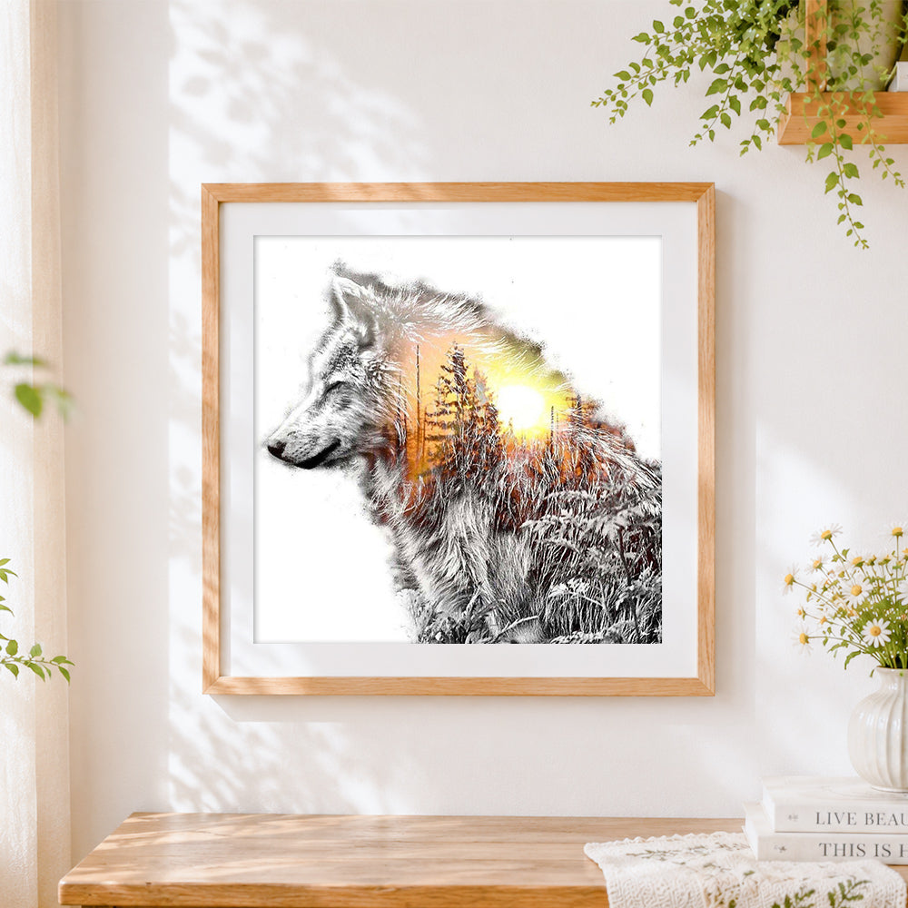 Finished double exposure wolf and sunset forest paint by numbers artwork displayed as home decor