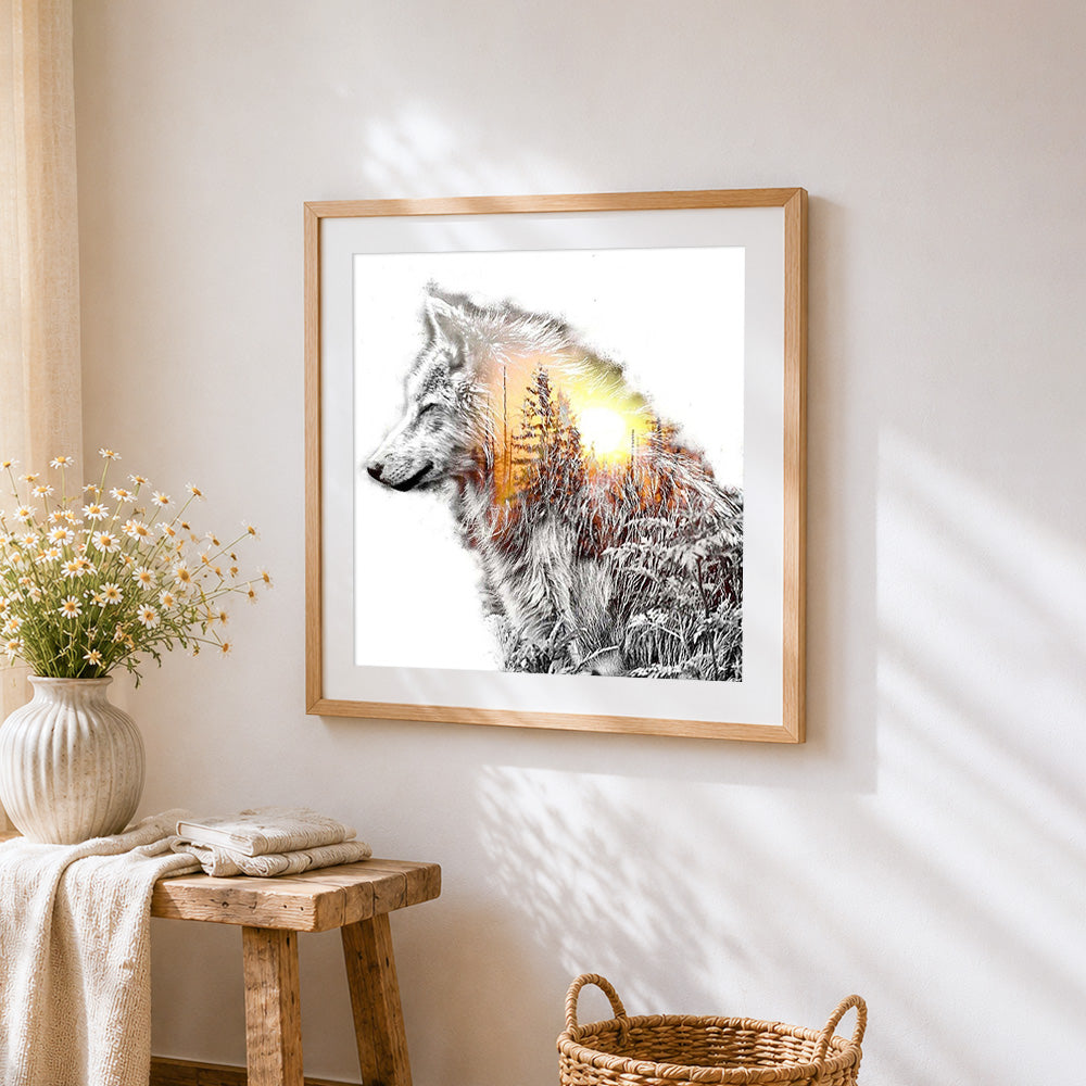 Double exposure wolf and sunset forest paint by numbers artwork displayed on wall as home decor