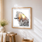 Double exposure wolf and sunset forest paint by numbers artwork displayed on wall as home decor