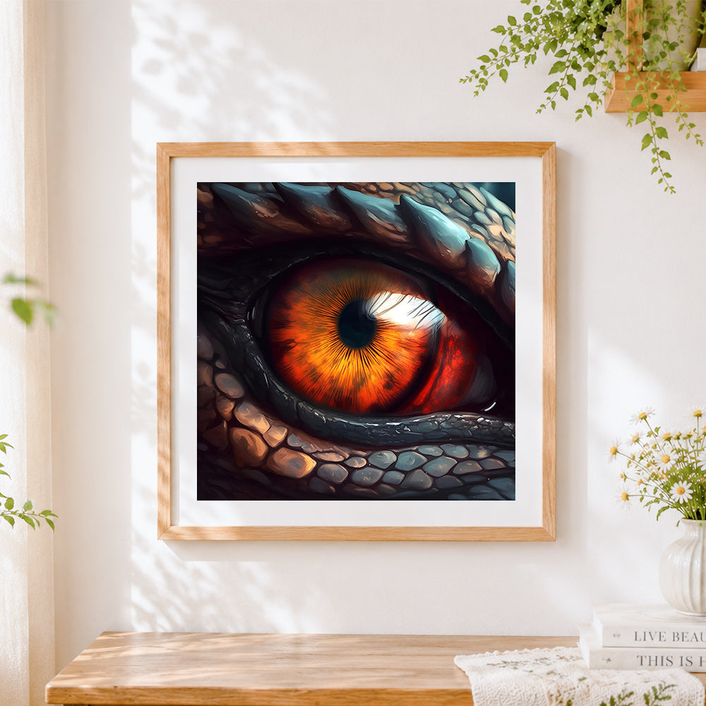 Finished dragon eye close-up cross stitch artwork displayed