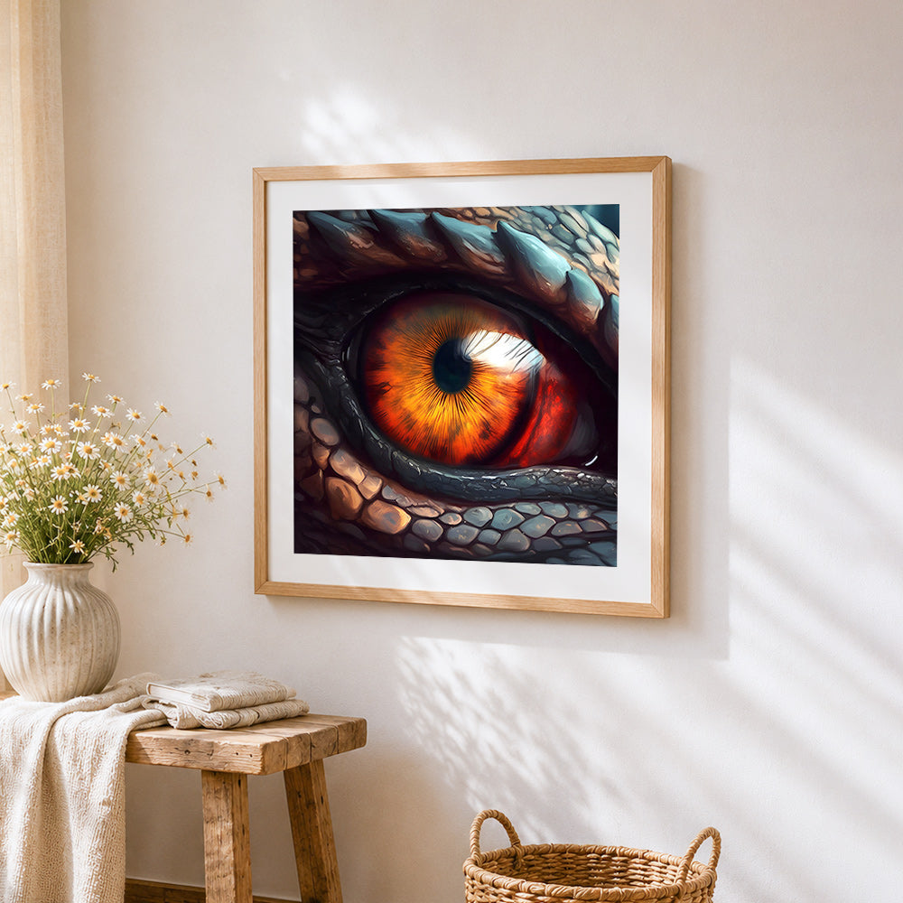 Dragon eye close-up cross stitch artwork displayed on wall as home decor