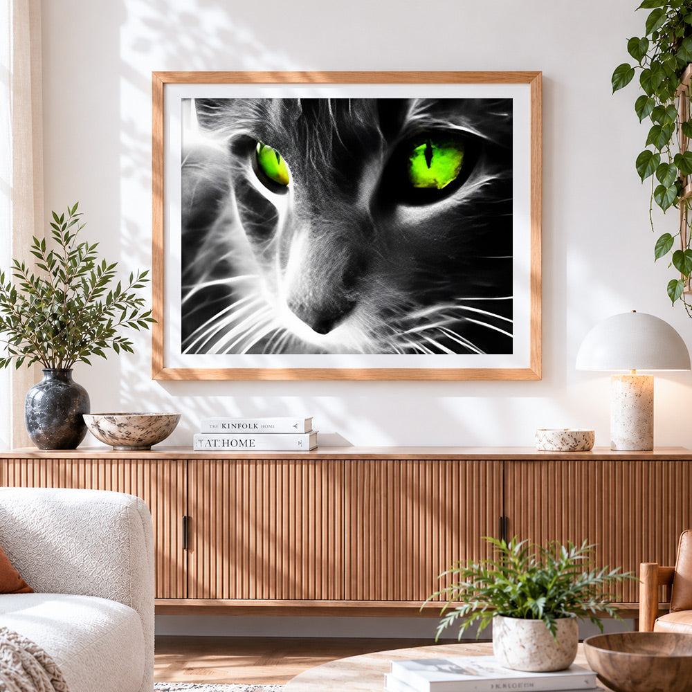 Finished dramatic cat with neon green eyes cross stitch artwork displayed