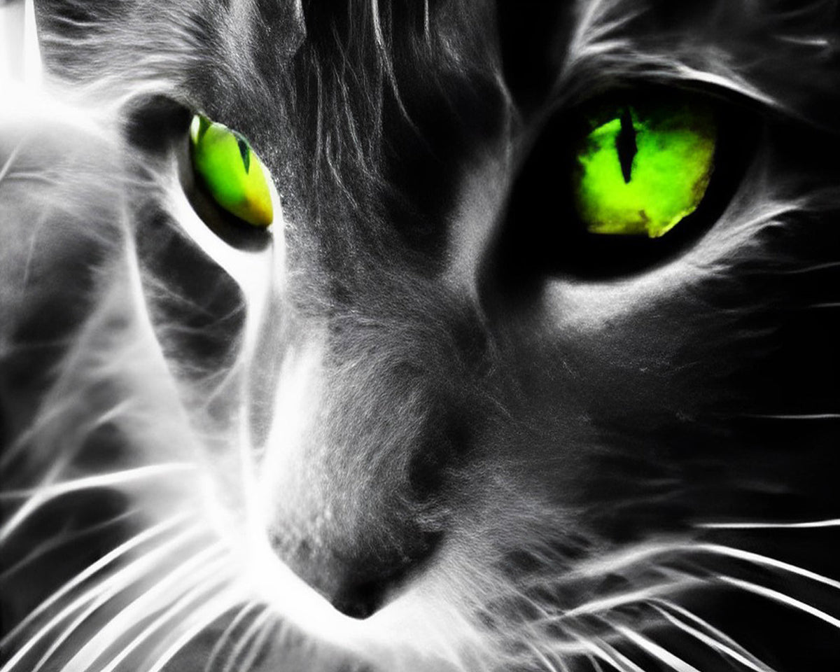 Dramatic cat with neon green eyes cross stitch kit for beginners