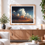 Finished dramatic clouds at sunset cross stitch artwork displayed