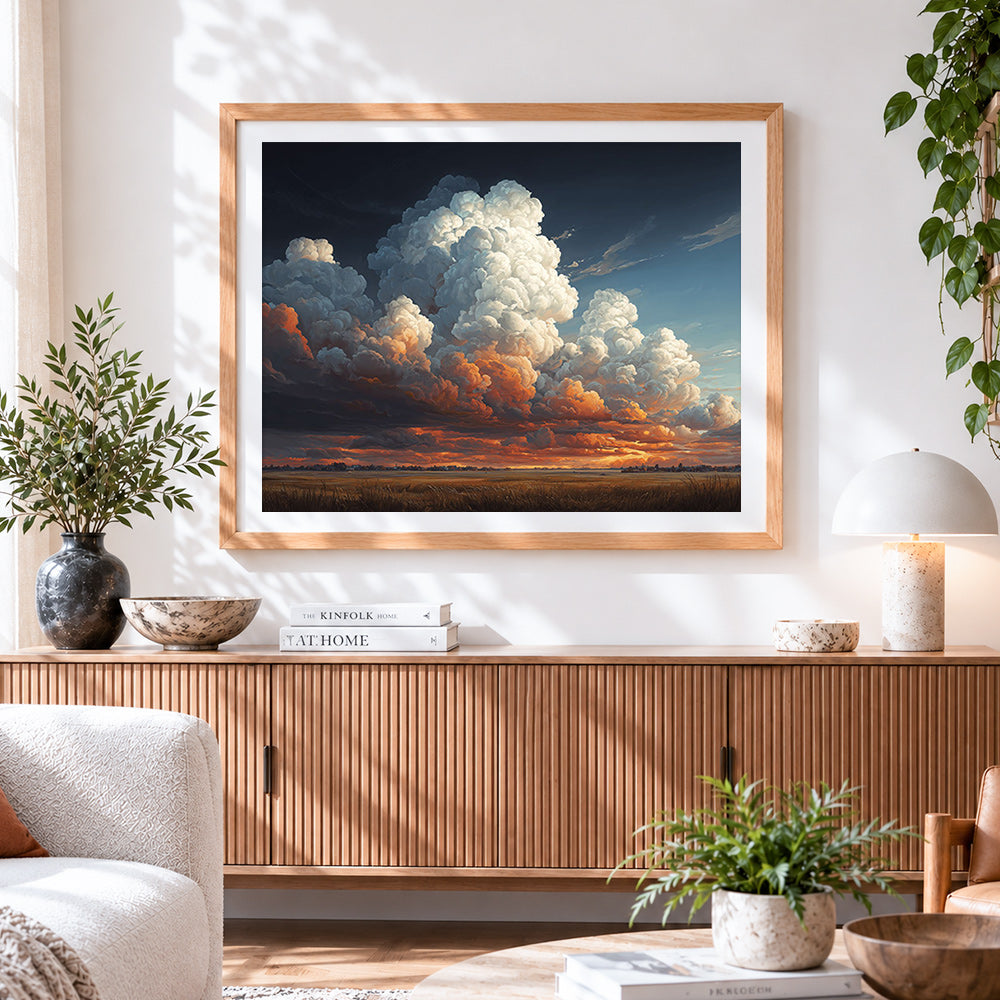 Finished dramatic clouds at sunset paint by numbers artwork displayed as home decor