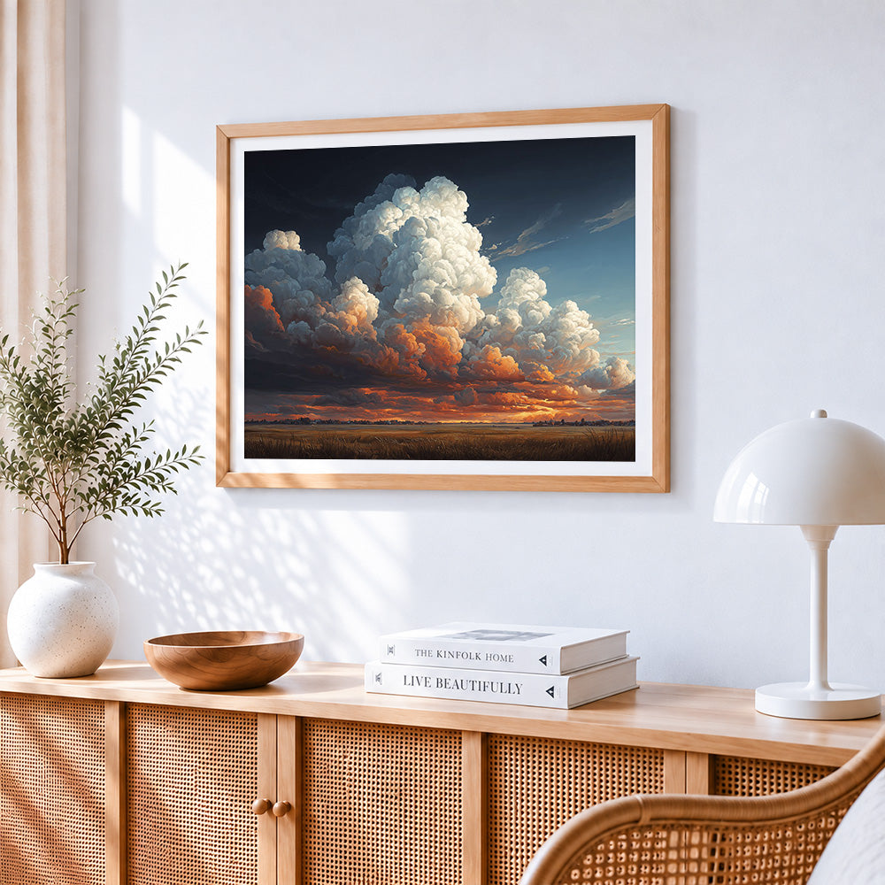 Dramatic clouds at sunset paint by numbers artwork displayed on wall as home decor