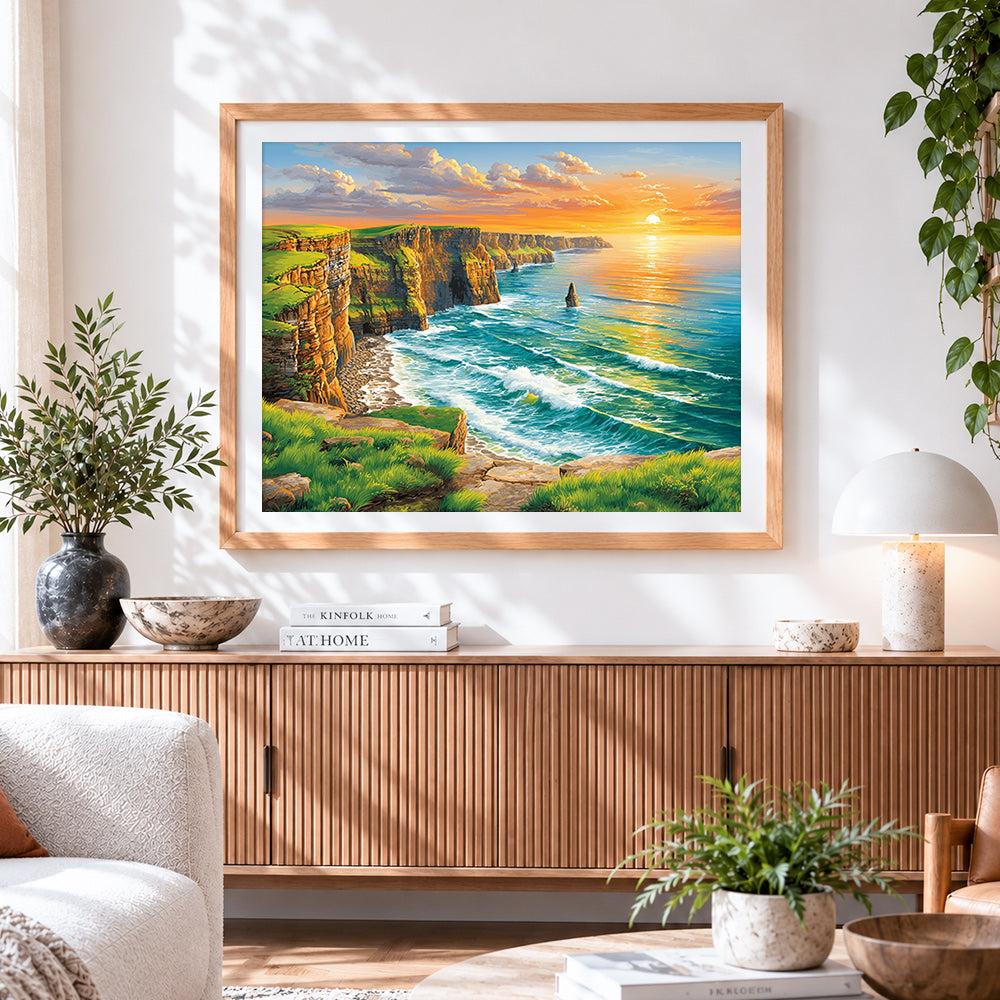 Finished dramatic coastal cliffs at sunset cross stitch artwork displayed