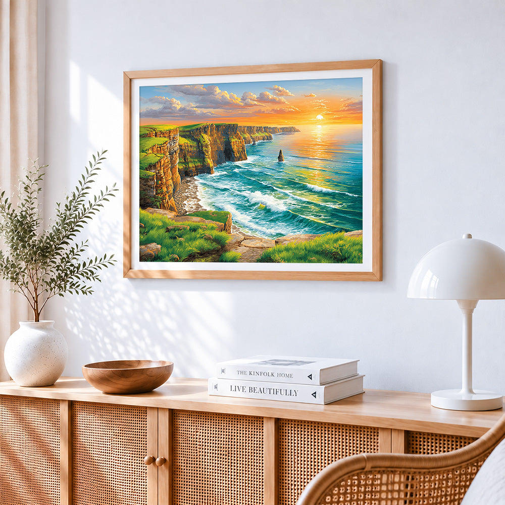 Dramatic coastal cliffs at sunset cross stitch artwork displayed on wall as home decor