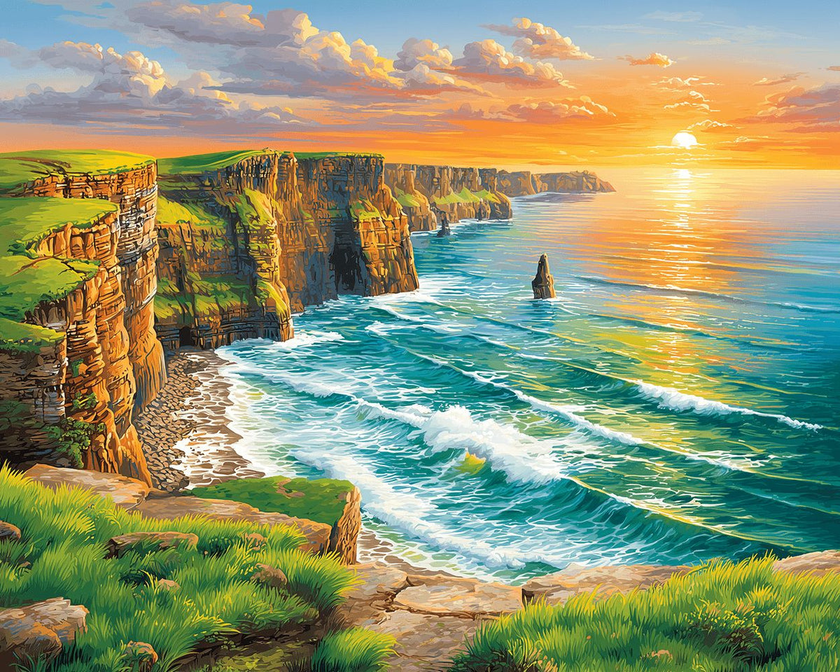 Dramatic coastal cliffs at sunset paint by numbers kit for beginners