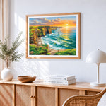 Dramatic coastal cliffs at sunset paint by numbers artwork displayed on wall as home decor