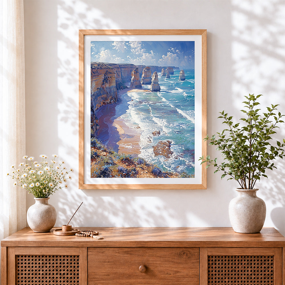 Finished dramatic coastal sea stacks and cliffs cross stitch artwork displayed
