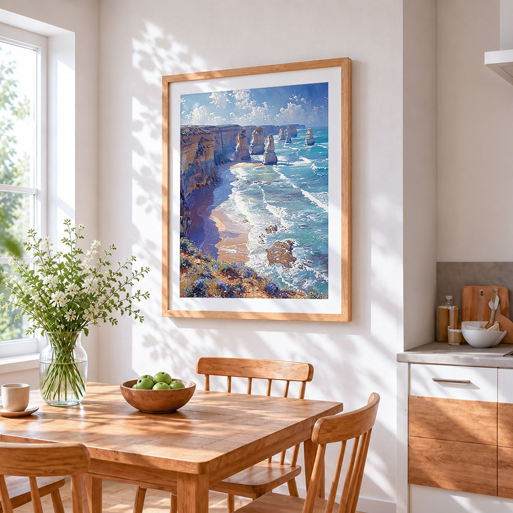 Dramatic coastal sea stacks and cliffs cross stitch artwork displayed on wall as home decor