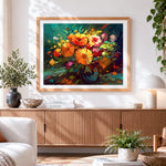 Finished dramatic floral arrangement cross stitch artwork displayed