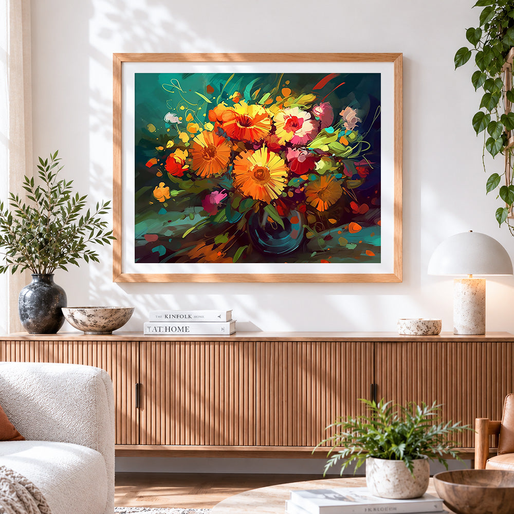 Finished dramatic floral arrangement cross stitch artwork displayed