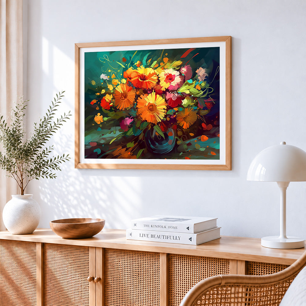 Dramatic floral arrangement cross stitch artwork displayed on wall as home decor