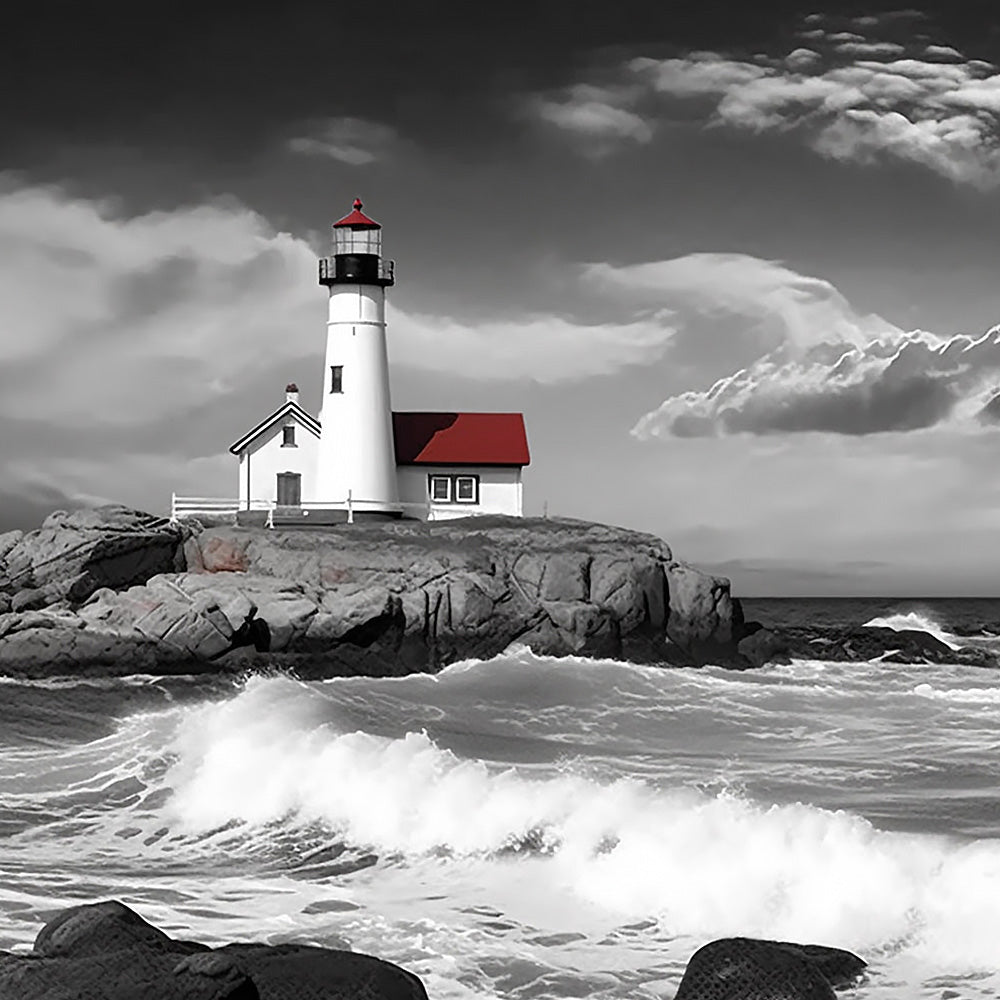 Dramatic lighthouse on a rocky coast cross stitch kit for beginners