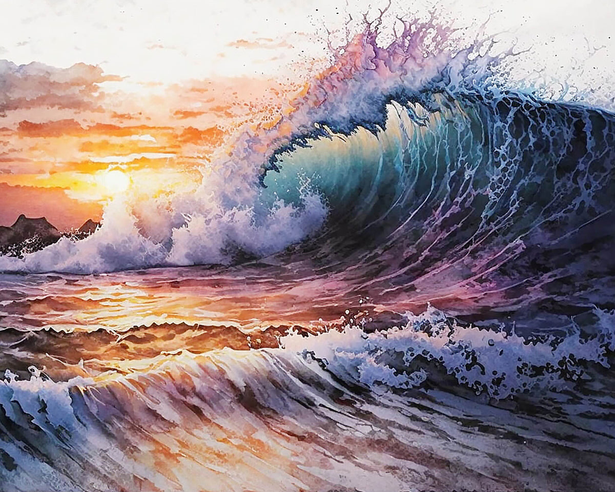 Dramatic ocean wave at sunset cross stitch kit for beginners