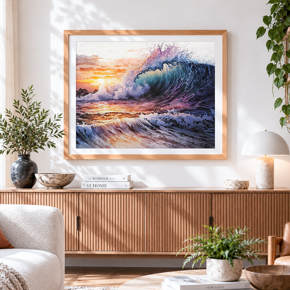 Finished dramatic ocean wave at sunset paint by numbers artwork displayed as home decor