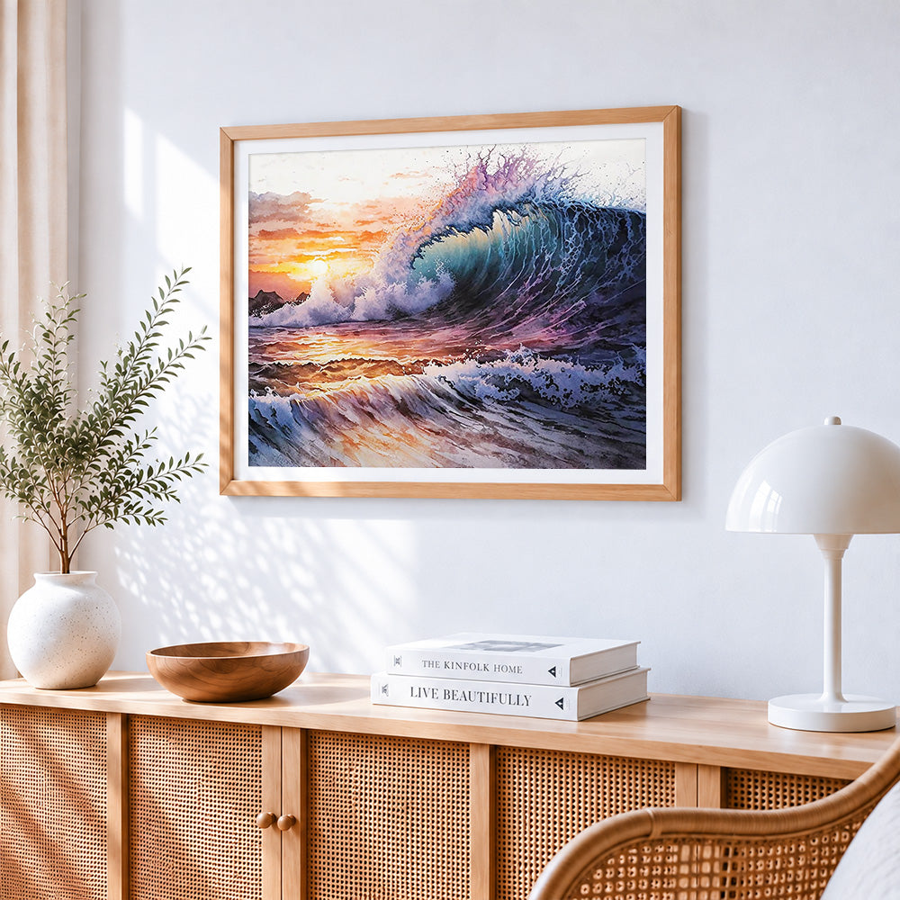 Dramatic ocean wave at sunset paint by numbers artwork displayed on wall as home decor
