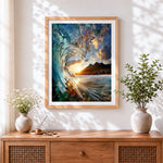 Finished dramatic ocean wave curling cross stitch artwork displayed